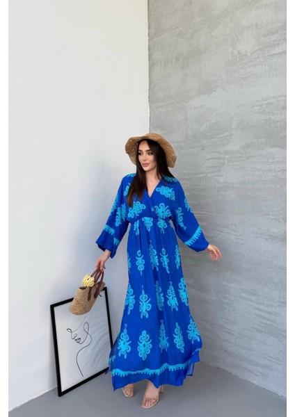 Etnik Desenli Viskon Uzun Kollu Yeşill Elbise modelleri