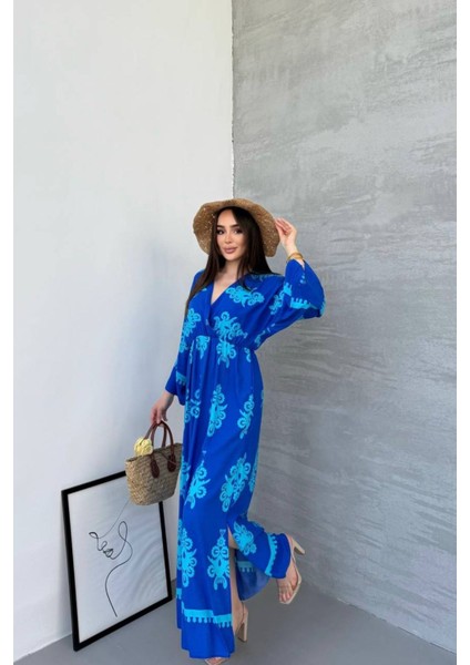 Etnik Desenli Viskon Uzun Kollu Yeşill Elbise indirimleri