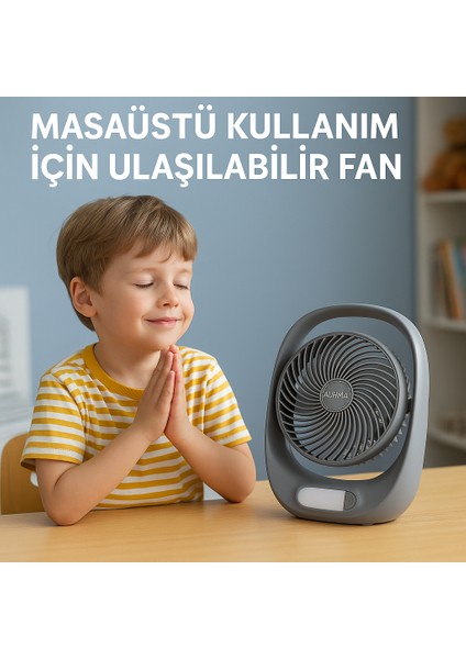 Şarjlı Masaüstü Vantilatör – 3 Kademeli Hız, LED Işık, 180° Ayarlanabilir Başlık, Sessiz Kullanım