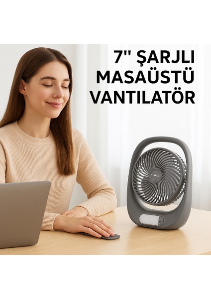 Şarjlı Masaüstü Vantilatör – 3 Kademeli Hız, LED Işık, 180° Ayarlanabilir Başlık, Sessiz Kullanım