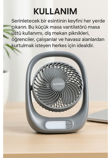 Şarjlı Masaüstü Vantilatör – 3 Kademeli Hız, LED Işık, 180° Ayarlanabilir Başlık, Sessiz Kullanım