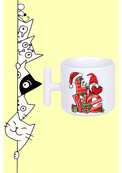 Love Noel Cüce Yılbaşı Tasarım Baskılı Beyaz T Sap Kupa Bardak