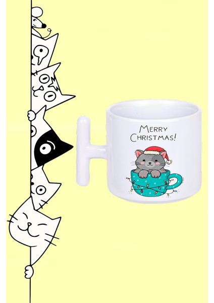 Neol Kedisi Marry Chrıstmas Yılbaşı Tasarım Baskılı Beyaz T Sap Kupa Bardak