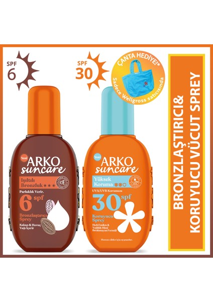 Suncare Spf6 Bronzlaştırıcı Güneş Yağı 220 ML&SPF30 Yüksek Korumalı Vücut Güneş Spreyi 200 ml Çanta Hediyeli