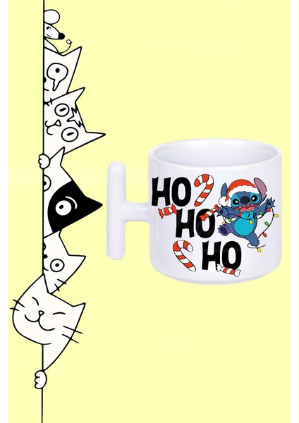 Ho Ho Ho Stitch Karakter Noel Şapka Tasarım Baskılı Beyaz T Sap Kupa Bardak