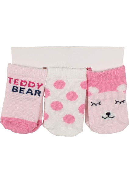 Kız Bebek Pembe Teddy Bear Desenli 3'lü Çorap 0-6 Ay