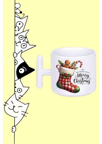 Yılbaşı Çorap Kurabiye Şeker Yeni Yıl Tasarım Baskılı Beyaz T Sap Kupa Bardak