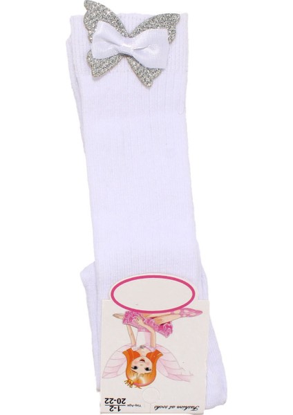 Kız Bebek Beyaz Bileği Parlak Kurdele Desenli Diz Altı Çorap 1-2 Yaş