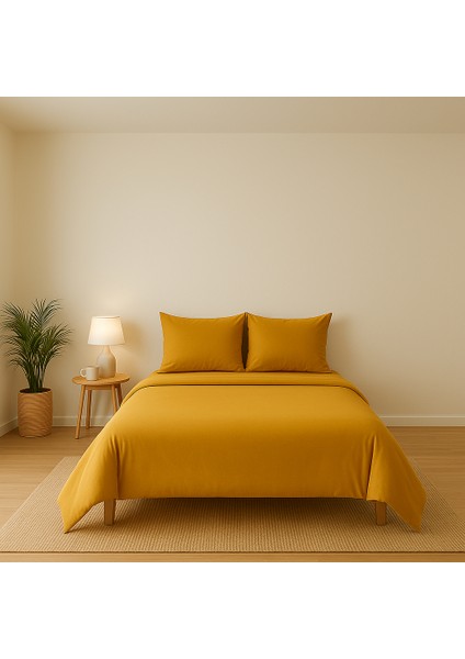 Tek Kişilik %100 Pamuk Nevresim Takımı 160 x 220 cm , Lastikli Çarşaflı Set, Hardal Sarısı