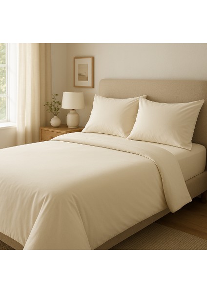 Tek Kişilik %100 Pamuk Nevresim Takımı 160 x 220 cm , Lastikli Çarşaflı Set, Krem fiyatları
