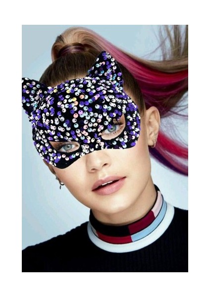 Etkinlik Gösteri Parti Kostümü İçin Siyah Kadife Mor Beyaz Pullu Maske