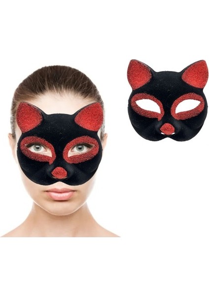 Etkinlik Gösteri Kedi Kostümü İçin Siyah Kırmızı Simli Süet Maske