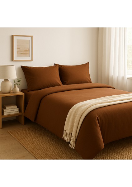 Tek Kişilik %100 Pamuk Nevresim Takımı 160 x 220 cm , Lastikli Çarşaflı Set, Kahverengi