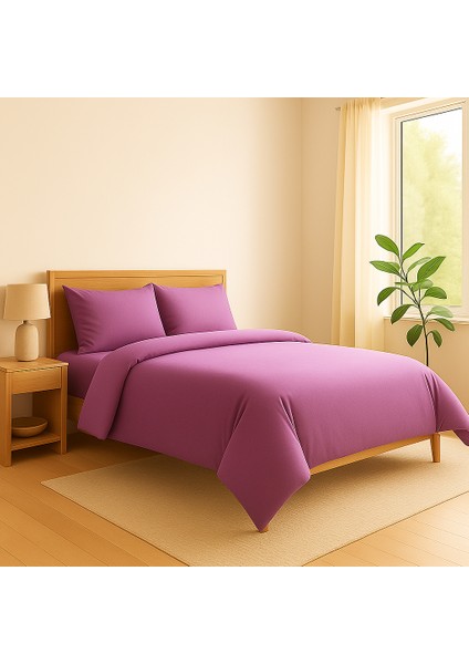 Tek Kişilik %100 Pamuk Nevresim Takımı 160 x 220 cm , Lastikli Çarşaflı Set, Lila