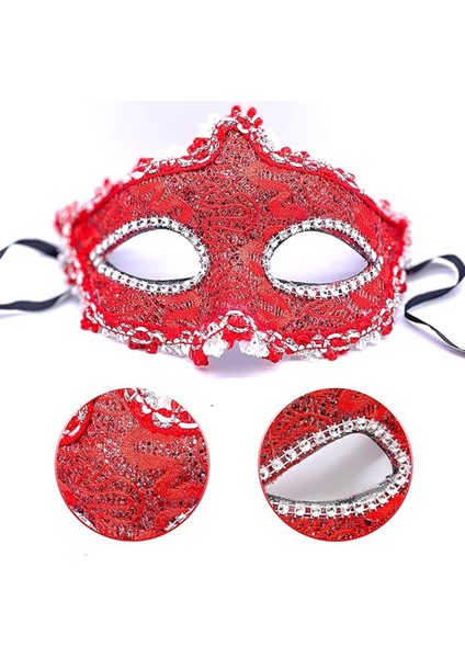Gösteri Parti Kostümü İçin 11 x 17 cm Kırmızı Göz Kristal Taş Dantelli Maske