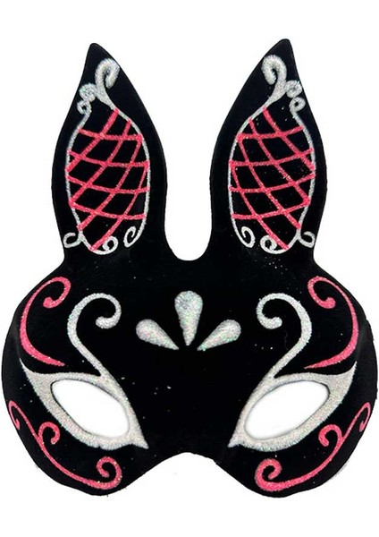 Gösteri Tavşan Kostümü İçin 18 x 16 cm Siyah Simli Süet Kaplı Maske