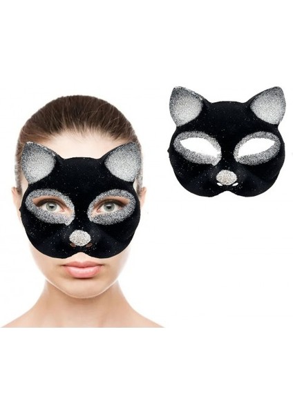 Etkinlik Gösteri Kedi Kostüm Maskesi İçin Siyah Silver Simli Maske