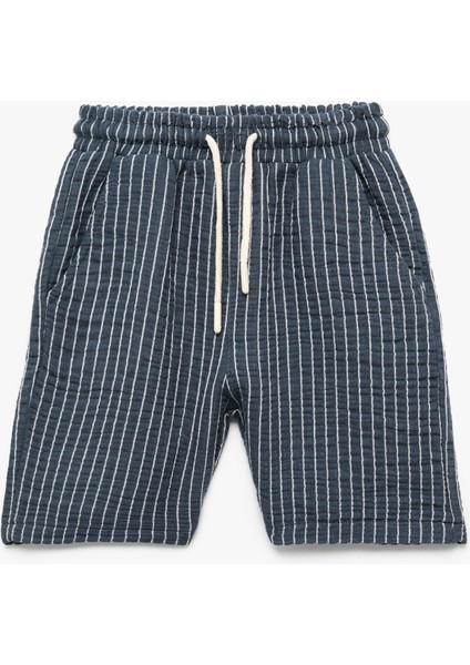 Beli Bağcıklı Pamuklu Çizgili Bermuda Müslin Şort