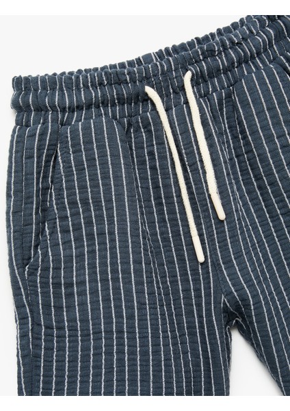 Beli Bağcıklı Pamuklu Çizgili Bermuda Müslin Şort modelleri