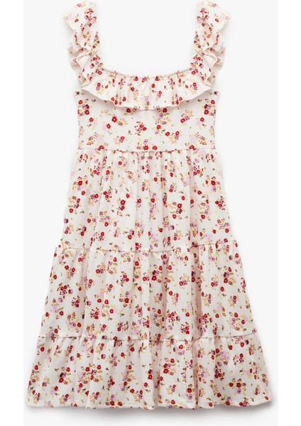 Kare Yaka Kolsuz Çiçekli Fırfırlı Mini Elbise