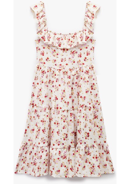 Kare Yaka Kolsuz Çiçekli Fırfırlı Mini Elbise fiyatları