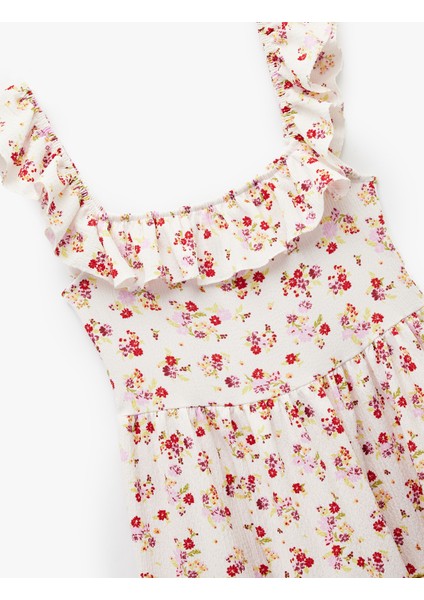 Kare Yaka Kolsuz Çiçekli Fırfırlı Mini Elbise modelleri