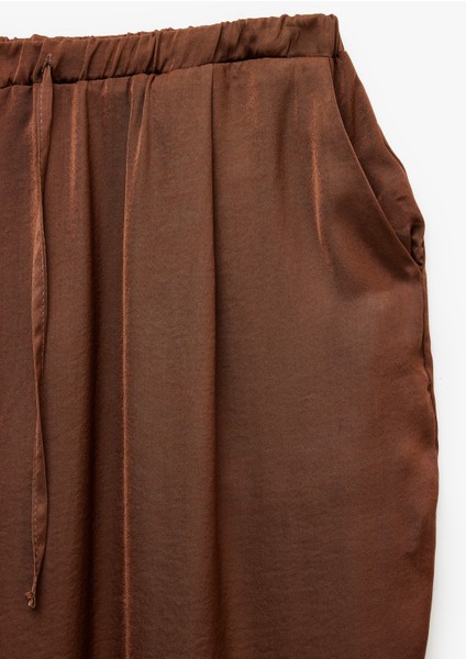 Aerobin Kumaş Beli Lastikli Bağlamalı Cepli Geniş Paça Saten Pantolon
