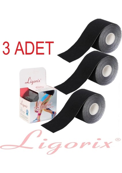 Esnek ve dayanıklı kas bandı, 3'lü paket, 5cm x 5m, siyah renk