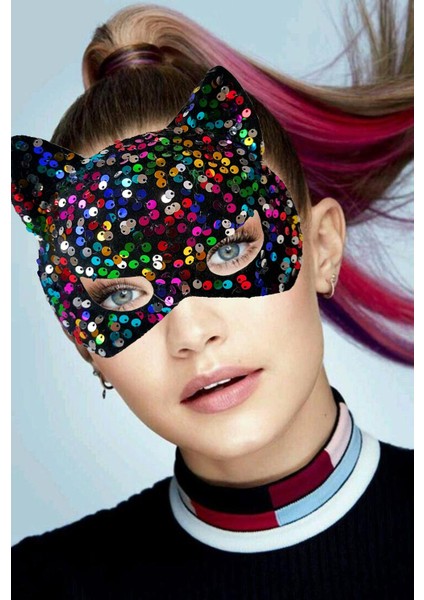 Parti Kostümü İçin 16 x 14 cm Siyah Kadife Kumaş Renkli Payet Pullu Maske