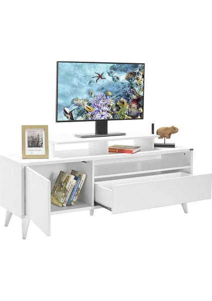 Adore Retro Wide Kapaklı Çekmeceli Tv Sehpası - Diamond Beyaz