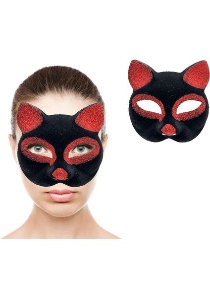 Gösteri Kedi Kostümü İçin 18 x 14 cm Siyah Kırmızı Simli Süet Kaplı Maske
