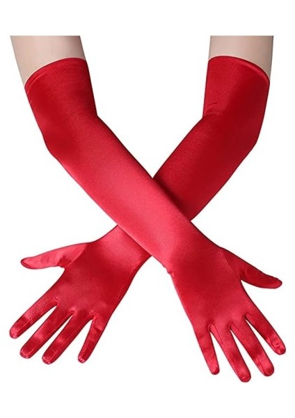 Büro Ev Ofis Gösteri Kostümü Için Kırmızı Pembe Uzun Parlak Saten Eldiven