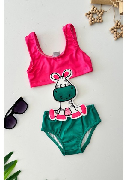 (2-8 Yaş) Cow Desenli Kız Çocuk mayo bikini - Pembe
