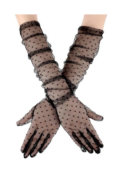 Büro Ev Ofis Etkinlik Gösteri Kostümü Için Uzun Siyah Puantiyeli Tül Eldiven modelleri