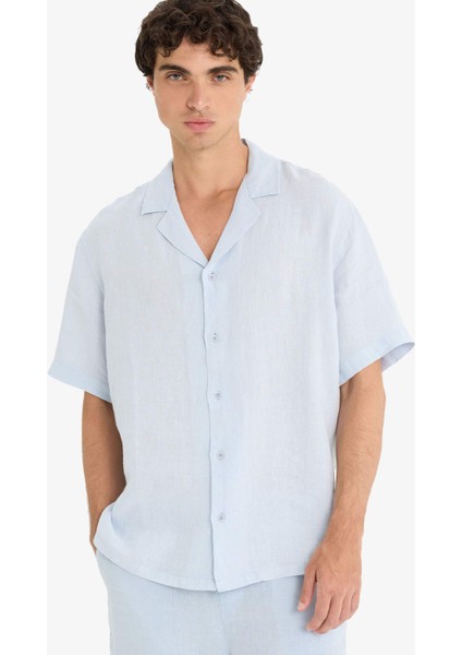%100 Keten Relax Fit Apaş Yaka Kısa Kollu Gömlek F4597AX25HS