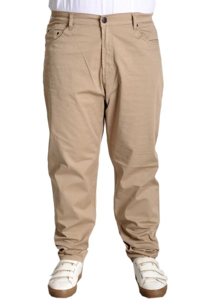 Büyük Beden Keten Pantolon Erkek 5 Cep Esnek Rahat Giyim Bej Milano Classic