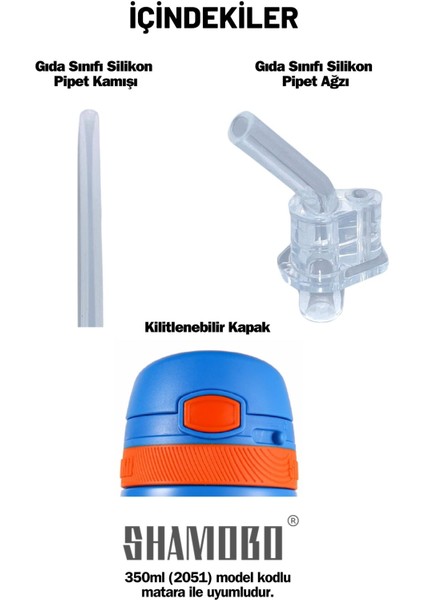 Çocuk 350ml Çelik Termos Yedek Kapak ve Pipet Seti, Mavi Elmas