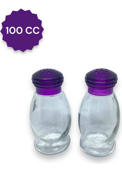 100 cc 2 Adet Cam Tuzluk, Mor Sert Plastik Kapaklı Tuzluk/ Mor Kapaklı