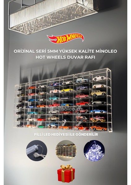 Hot Wheels Pleksi Kapaklı Duvar Araba Rafı – Minoleo 49’luk Orijinal Premıum Seri (5mm Çerçeveli) LED Hediyeli