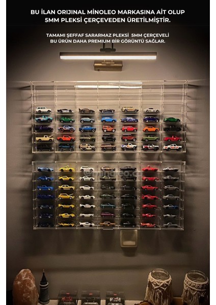 Hot Wheels Pleksi Kapaklı Duvar Araba Rafı – Minoleo 49’luk Orijinal Premıum Seri (5mm Çerçeveli) LED Hediyeli