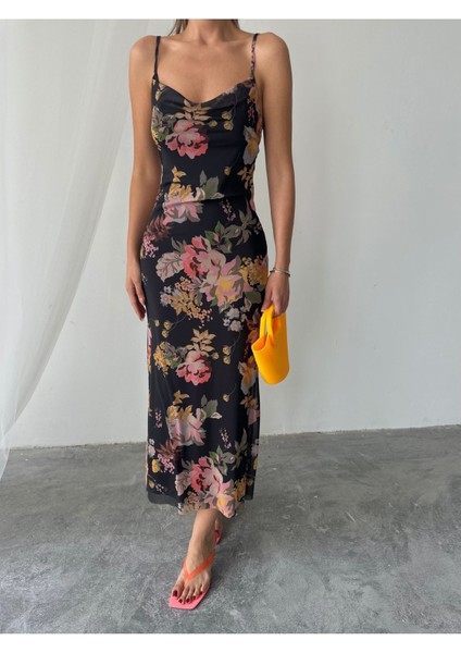 Kadın Megan Degaje Yaka Ayarlanabilir Askılı Astarlı Elbise