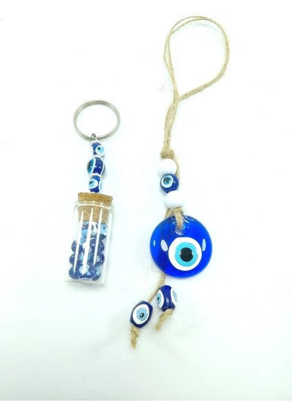 Cam Nazar Boncuğu Araba Dikiz Ayna Süsü + Şişe Nazarlık Anahtarlık El Yapımı Ikili Hediyelik Set