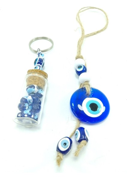 Cam Nazar Boncuğu Araba Dikiz Ayna Süsü + Şişe Nazarlık Anahtarlık El Yapımı Ikili Hediyelik Set modelleri