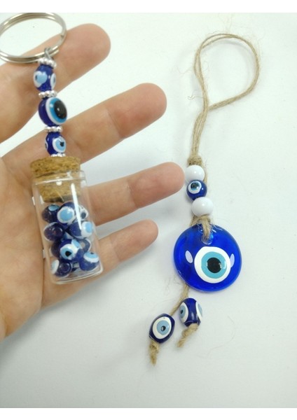 Cam Nazar Boncuğu Araba Dikiz Ayna Süsü + Şişe Nazarlık Anahtarlık El Yapımı Ikili Hediyelik Set