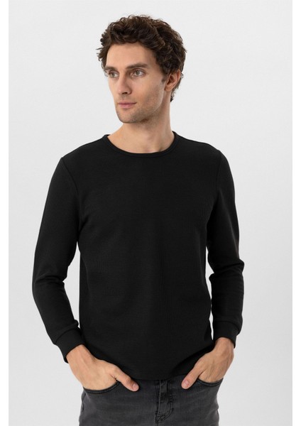 Siyah Slim Fit Armürlü Bisiklet Yaka Triko Kazak