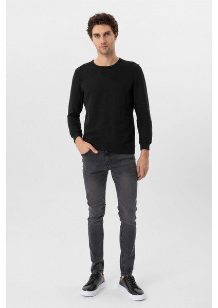 Siyah Slim Fit Armürlü Bisiklet Yaka Triko Kazak fırsatları