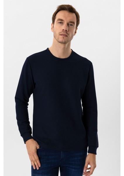 Lacivert Slim Fit Armürlü Bisiklet Yaka Sweatshirt