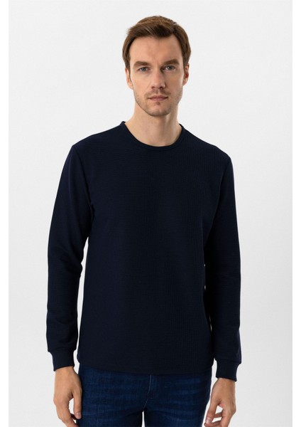 Lacivert Slim Fit Armürlü Bisiklet Yaka Sweatshirt fiyatları