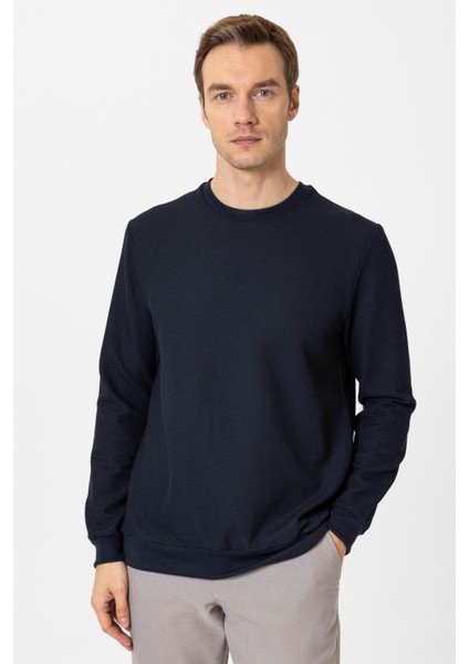 Lacivert Regular Armürlü Bisiklet Yaka Triko