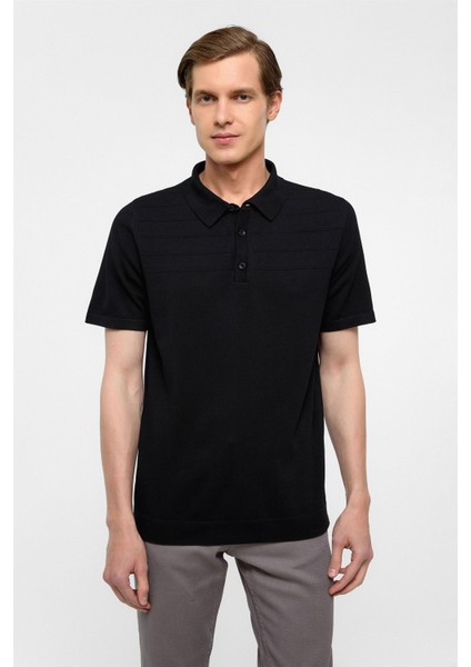 Siyah Regular Düz Polo Yaka Triko Tişört